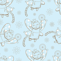 Vector seamless pattern with fairies cats and  flowers on a blue  background.