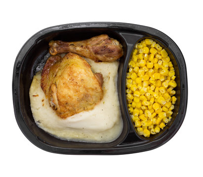Roast chicken with vegetables TV dinner top view