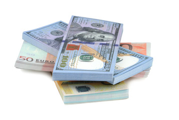  Euro and dollar banknotes isolated on white background.