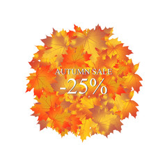 Autumn sale -25% discount vector banner with orange foliage.