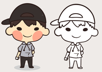 cute boy hood and hat coloring book.line art cartoon.vector illu