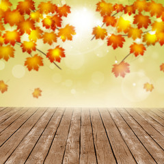 Naklejka na ściany i meble Wood Floor on Autumn Blurred Background