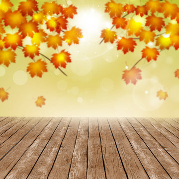 Wood Floor on Autumn Blurred Background
