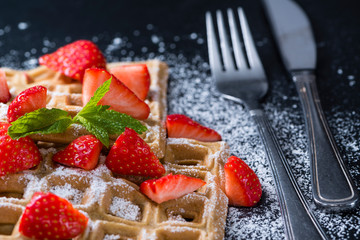 Homemade Waffles with fresh Strawberries