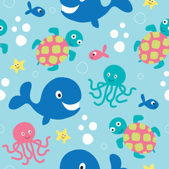 seamless whale, octopus, turtle, fish pattern vector illustration