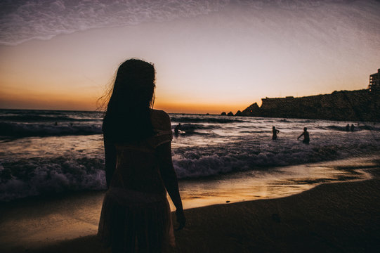 Sea Beach Girl Silhouette, Sunset