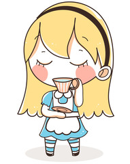 alice in wonderland  blue dress tea.cute vector illustration.