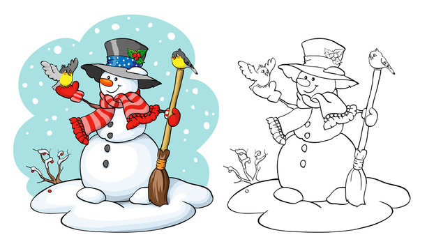 Coloring book. Cute snowman with broom and two birds.