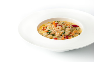 Saute with seafood on the white background horizontal