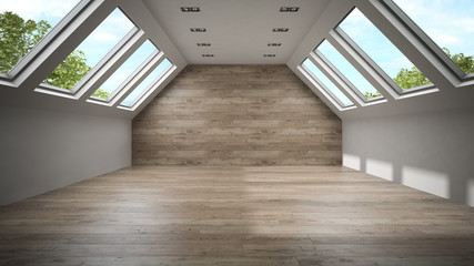 Obraz premium Empty mansard room with wooden wall 3D rendering 2