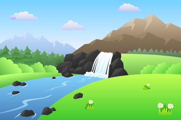 River waterfall mountains summer landscape day illustration vector