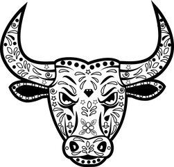 vector illustration of a decorated black and white bull's head