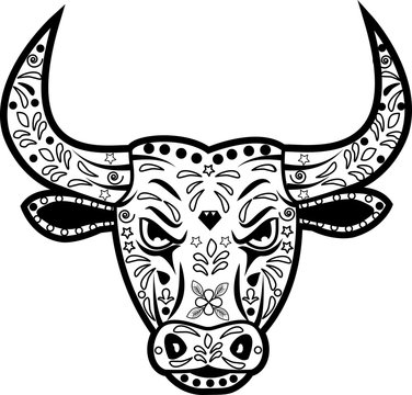 vector illustration of a decorated black and white bull's head