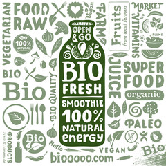 Set of organic labels and icons for natural bio food products - obrazy, fototapety, plakaty