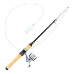 vector flat style spinning fishing rod illustration.