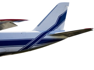 The tail of the plane on a white background  with clipping path. Details of the cargo and civilian aircraft. Transport aircrafts in the world.