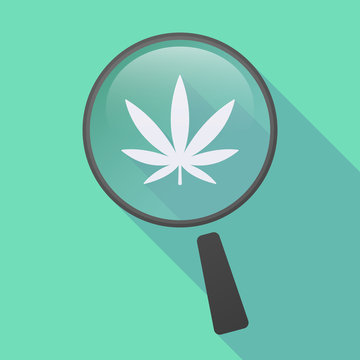 Long shadow magnifier icon with a marijuana leaf
