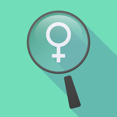 Long shadow magnifier icon with a female sign