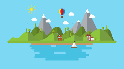 modern flat vector landscape illustration . with house boat and hills . holiday coast scenery background