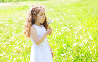 Naklejka na ściany i meble Little girl child blowing dandelions flowers in spring sunny fie
