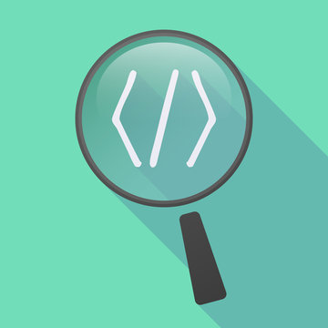 Long shadow magnifier icon with a code sign