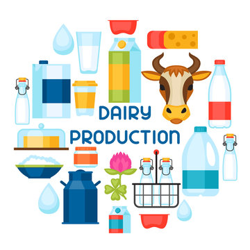 Milk background with dairy products and objects