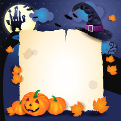 Halloween background with parchment, hat and pumpkins
