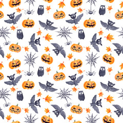 Halloween seamless pattern with pumpkin and bat, watercolor