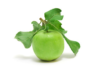green apple with leaves isolated on white background