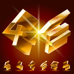 3D vector deluxe alphabet of randomly rotated thin golden symbols. All symbols in set have 8 random points of view. Number 4