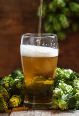 glass of foamy beer and hop cones on old wooden background, sele