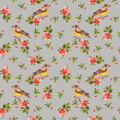 Obraz premium Tender grey floral backdrop with roses and birds