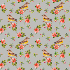 Tender grey floral backdrop with roses and birds