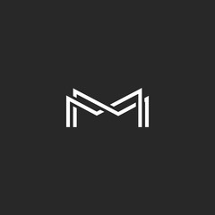 Letter M monogram logo, overlapping thin line black and white design elements, template wedding invitation emblem or business card symbol