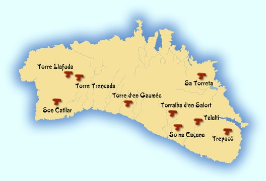 Map of Menorca, Spain, indicating the main Taulas (archaeological monuments)