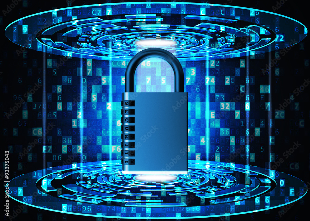 Aufkleber security, privacy, protection and safety data access concept, metallic combination code lock on blue