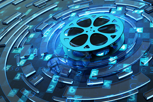Digital video and multimedia concept, film reel on blue technology background with computer code and abstract circles