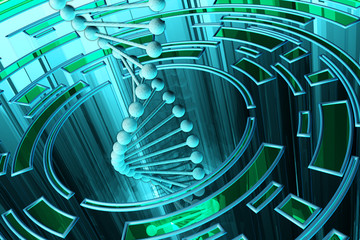 Science and technology background, illustration with DNA helix structure and abstract circles around it