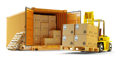 Cargo loading operation, shipment, delivery, logistics and freight transportation concept, open container full of boxes and forklift truck lift up packages on pallet isolated on white background - obrazy, fototapety, plakaty