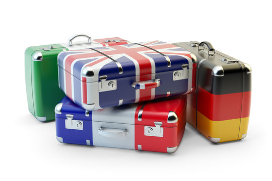Travel destination and journey luggage concept, stack of suitcases in colors of national flags of european countries isolated on white background