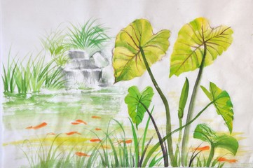 Watercolor painting of green lotus leaves on a pond with red fishes. Asian style original art.