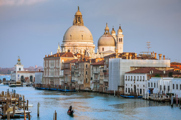 Naklejka premium view of the Grand Canal and Basilica Santa Maria della Salute during sunset, Venice, Italy, Europe