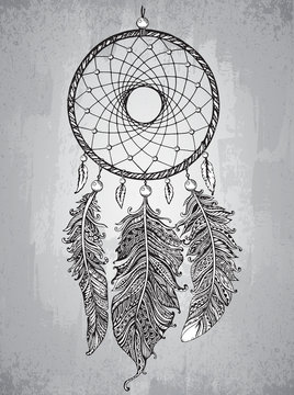 Hand drawn dreamcatcher with feathers in zentangle style.