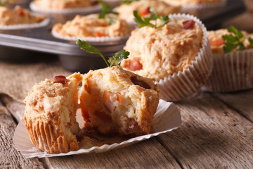 appetizer muffins with ham and cheese close-up. Horizontal
 - obrazy, fototapety, plakaty