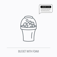 Bucket with foam icon. Soapy cleaning sign.