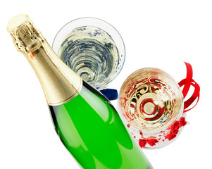 bottle of champagne with two glasses isolated on the white backg