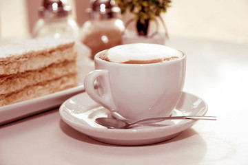 A cup of tasty cappuccino. A cup of morning coffee