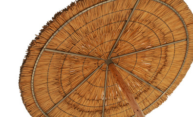 A reed sun umbrella symbolizing vacationing in summer isolated o