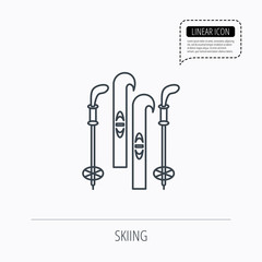 Skiing icon. Ski and sticks sign.