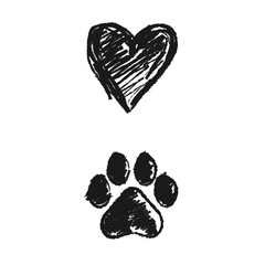 hand drawn doodle of animal footprint and heart, Vector illustration.